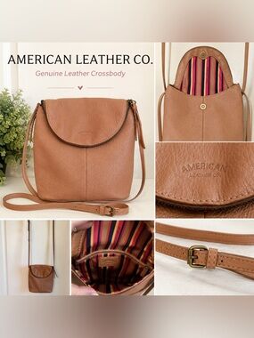 American Leather Co Genuine Leather Crossbody Bag Blush Taupe Adjustable Strap